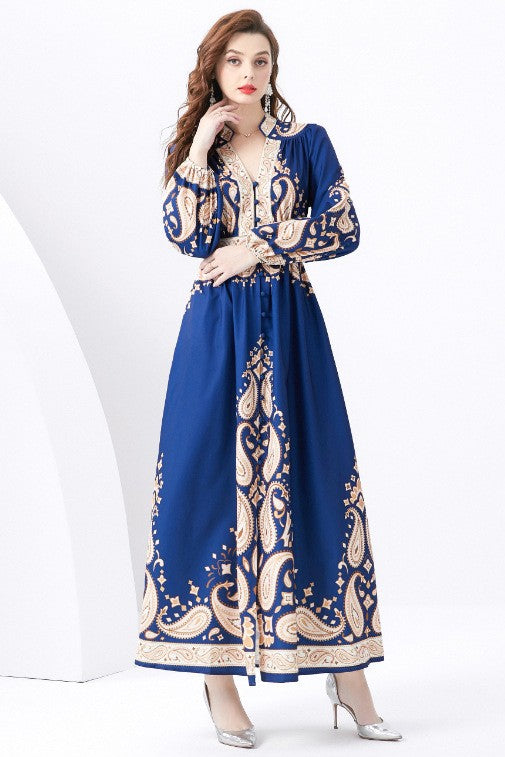 Majestic Allure Exquisite Blue and Gold Dress Design